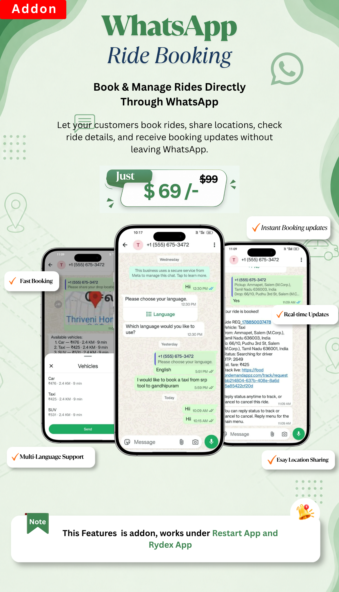 WhatsApp Ride Booking Add-on for Rydex & Restart
